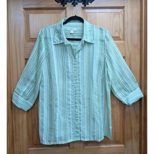 Coldwater Creek Light Green Striped Button-Up Blouse